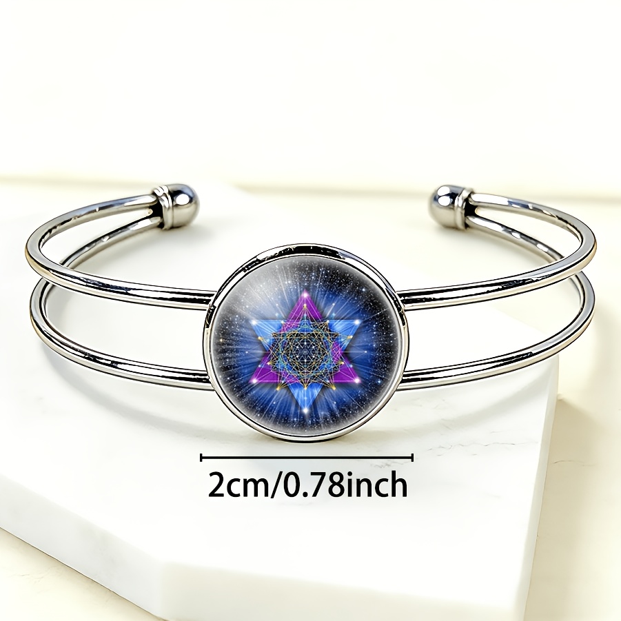 Adjustable Open Bangle with Round Time Gemstone Inlay, Hexagram Design